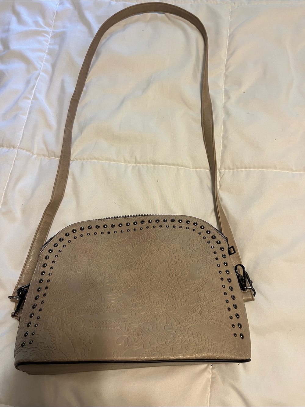 Taupe Floral-Embossed Crossbody Bag with Stud Accents